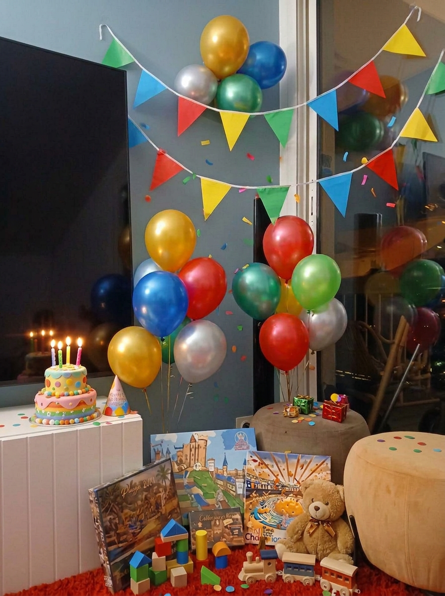 Gâteau d'anniversaire aux bougies, ballons, jouets et nos jeux de société, une idée cadeau d'anniversaire